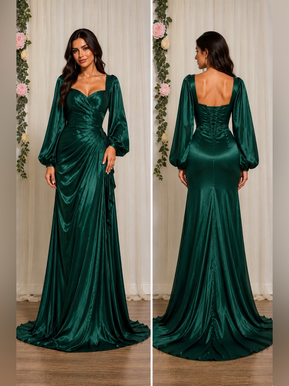 Emerald Green Satin Corset Back Long Sleeve Formal Maxi Dress Size 18